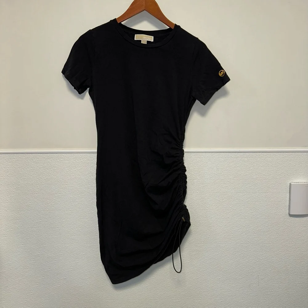 Michael Kors Tee Shirt Dress with Ruching Medium Women’s Black Gold Short Sleeve